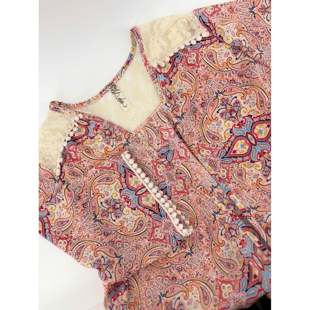 Bella D Womens Open Front Short Sleeve Kimono Cardigan Paisley Lace Trim ‎ XL